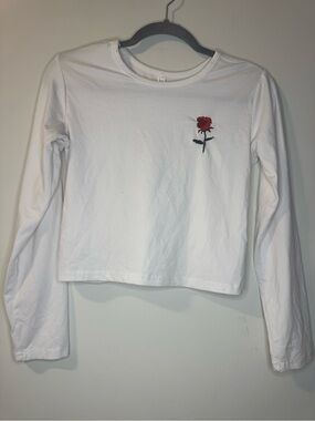 White Cropped Long Sleeve Rose Embroidered Top Womens M Y2K Fairy Grunge